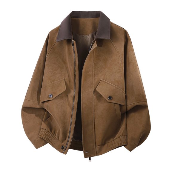 PiGOGI Men's Winter Coats Fashion Leather Solid Color Zipper Pocket Long Sleeve Lapel Leather Coat Jacket Coffee XL