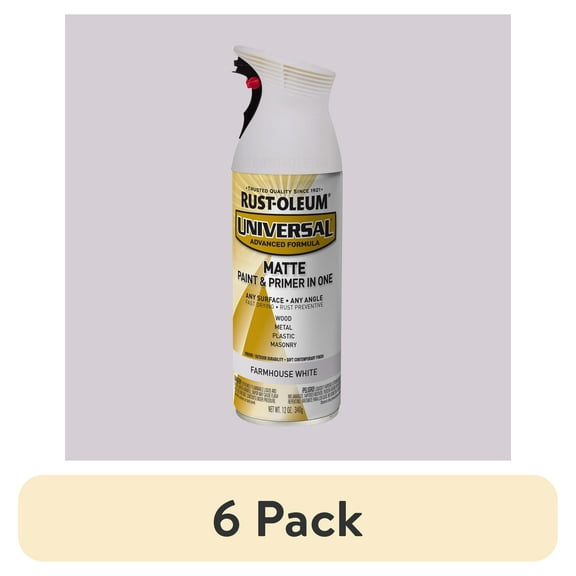 (6 pack) Farmhouse White, Rust-Oleum Universal All Surface Interior/Exterior Matte Spray Paint-376725, 12 oz