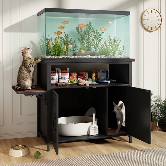 JOIVI 40-50 Gallon Fish Tank Stand with Hidden Cat Litter Box Cabinet and Cat Perch, Cat Viewing Aquarium Stand with Storage Shelf, 36.2"x20.5" Tabletop, 660 LBS Capacity, Black