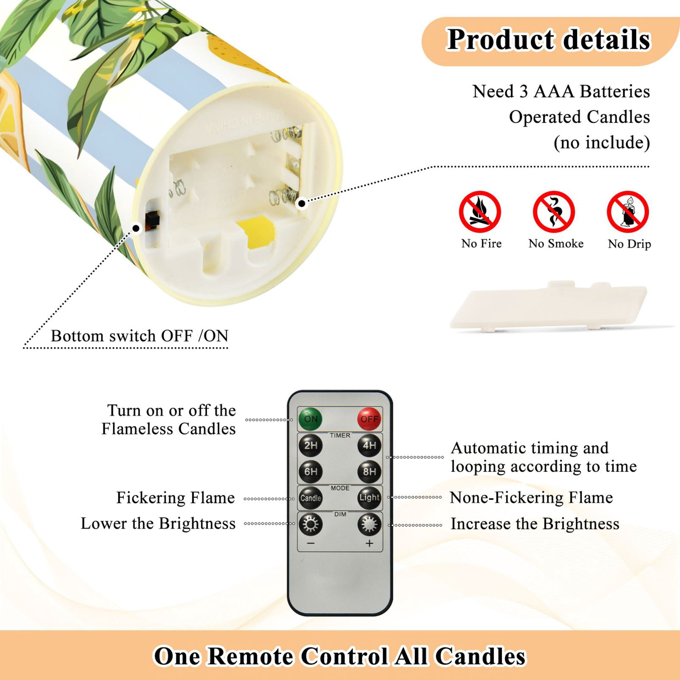 Lemons and Leaves Flickering Flameless Candles with Remote Timer Battery Operated LED Tealight Set of 2 M