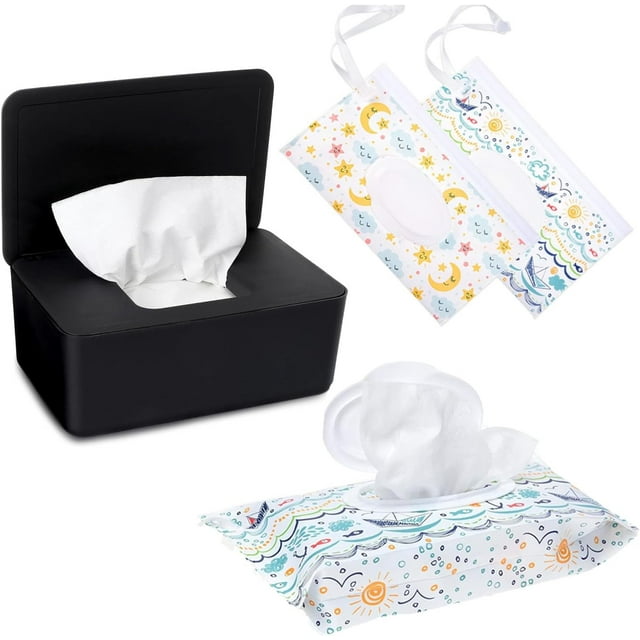 Distributeur de Lingettes avec 2 Pcs Support de Lingettes Portable Rechargeable, Grande Boîte Porte-Lingettes Réutilisable Étui de Lingettes Jetable Contenant de Lingettes pour Salle de Bain pour Animal de Compagnie Garderie Cuisine Bureau Comptoir (Noir)