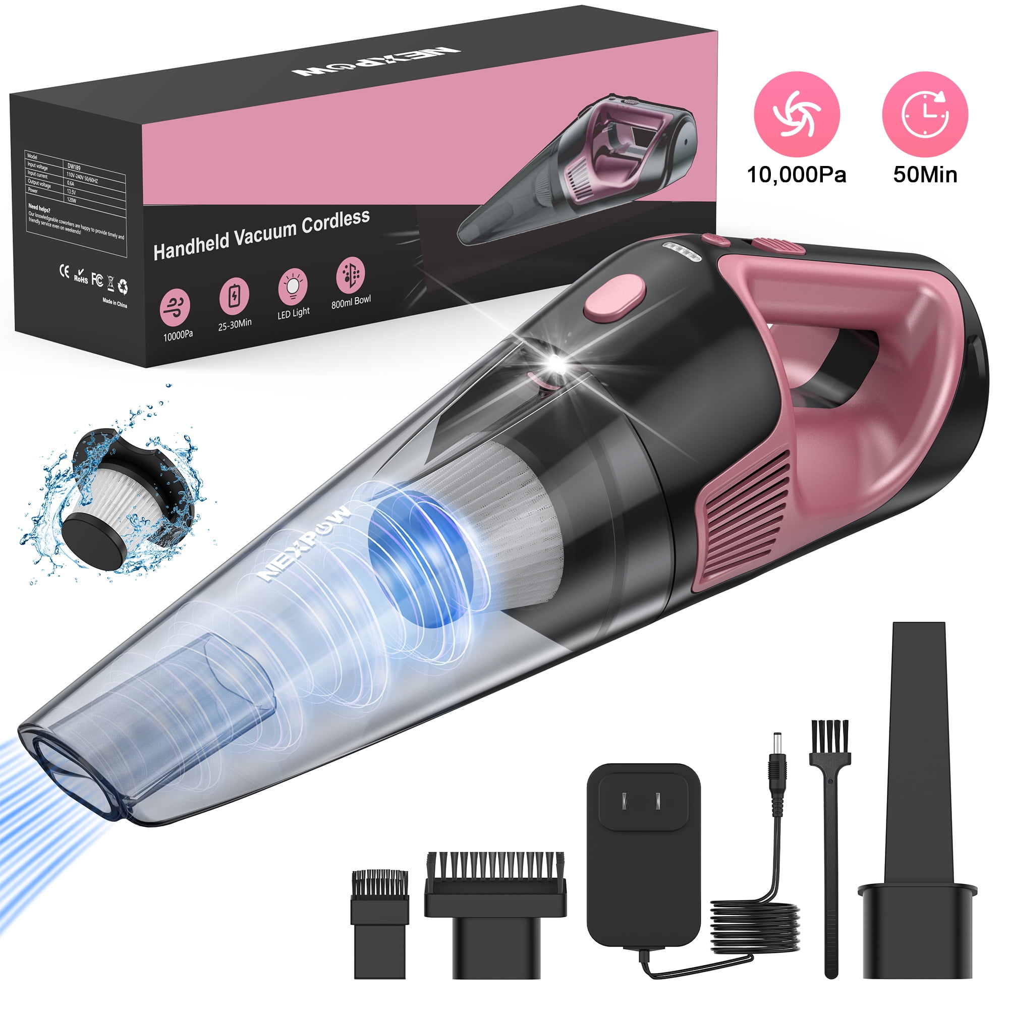 NEXPOW Cordless Handheld Vacuum Pink, 10000Pa Car Vacuum Cleaner, 50Min Runtime 7800mAh, LED Light & Charger, Lightweight 1.9lb for Home Car Pet Hair