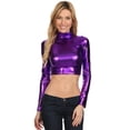 thumbnail image 5 of Sakkas Metallic Liquid Mock Neck Turtleneck Long Sleeve Crop Top - Made in USA - Purple - Small, 5 of 6