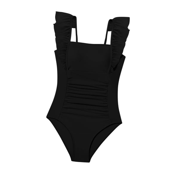 Girls Swimsuits Size 10-12 One Piece Girls Swimsuit Ruffle Adjustable Straps One Piece Bathing Suit Solid Color Ruched Girls' Swimwear 9-16Y