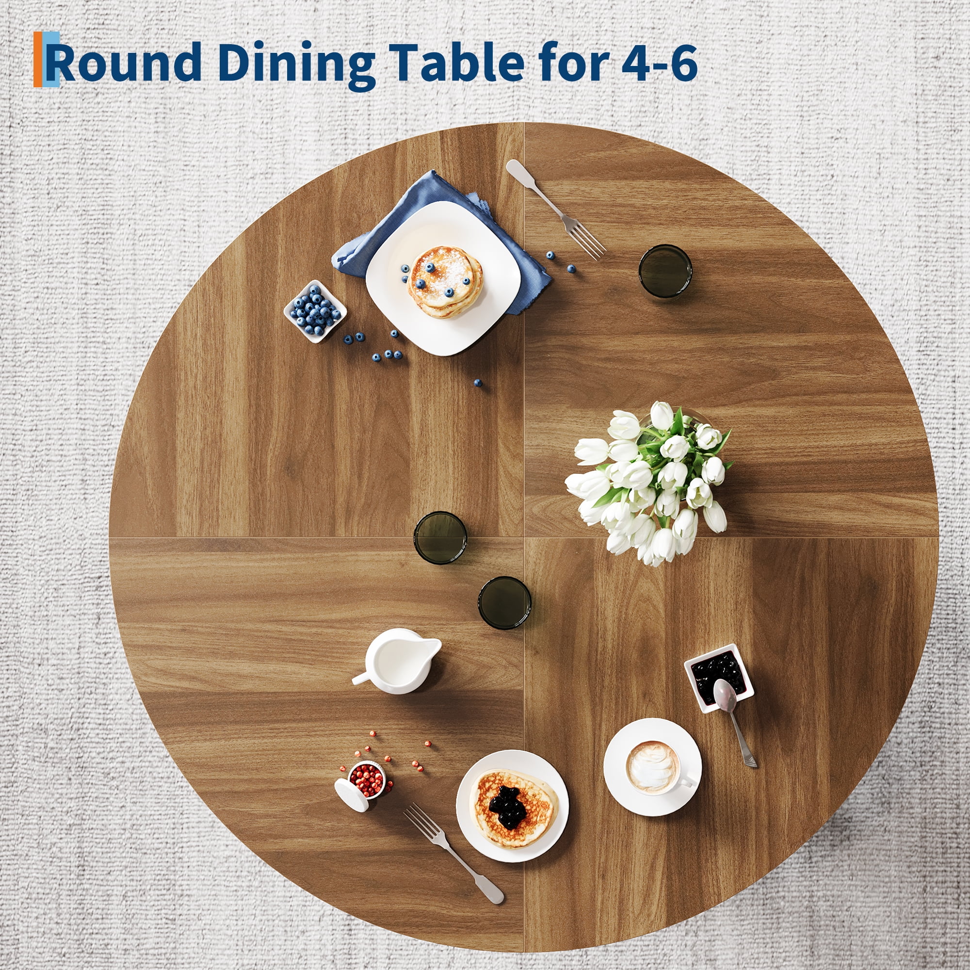 M optimized 47" Round Dining Table for 4-6, Wood Kitchen Table with 4 Strong Legs, Farmhouse Circle Dinner Table for Dining Room, Living Room