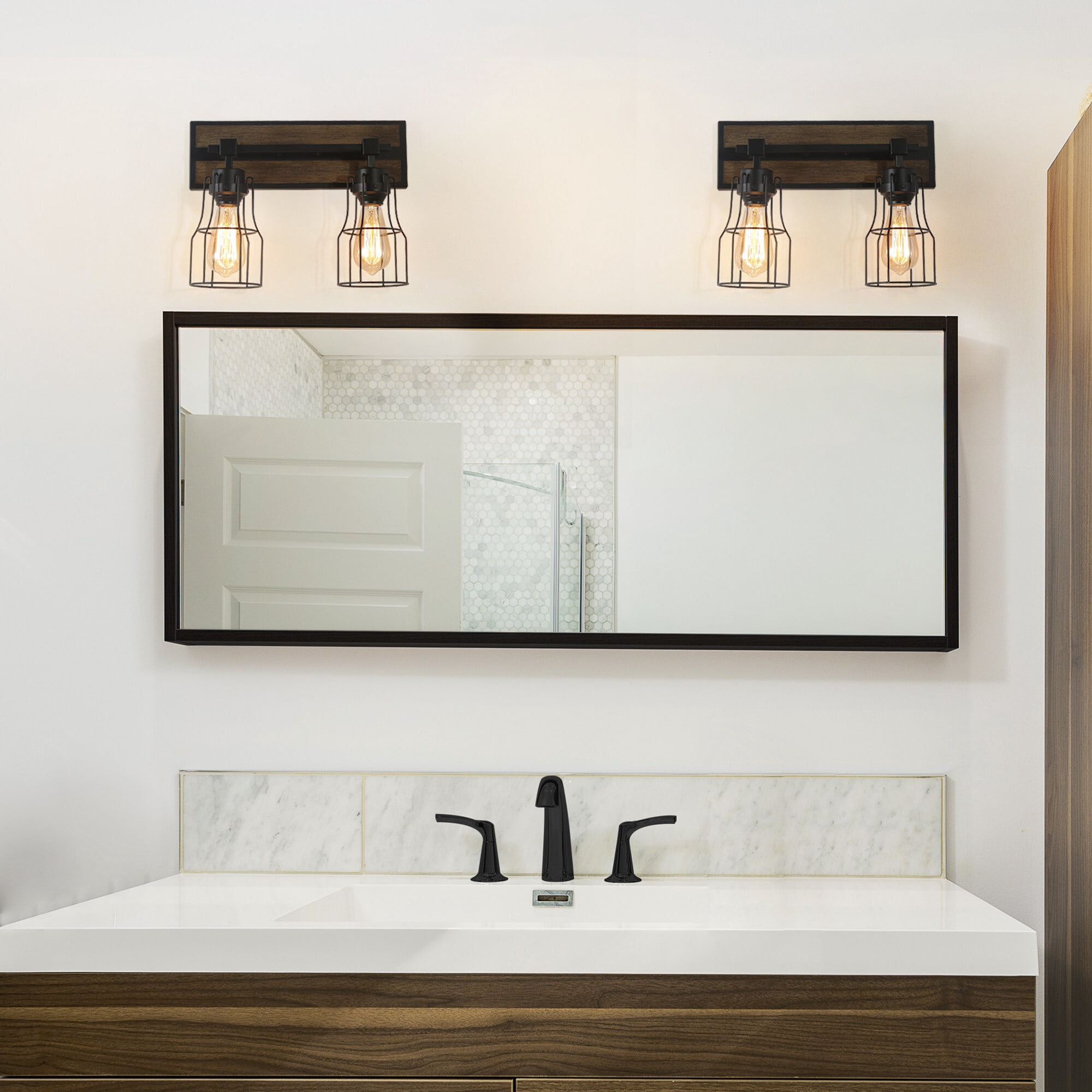 LNC 2-Light Black Geometric Modern Farmhouse Wood Tone Bathroom Vanity Lighting Fixutre