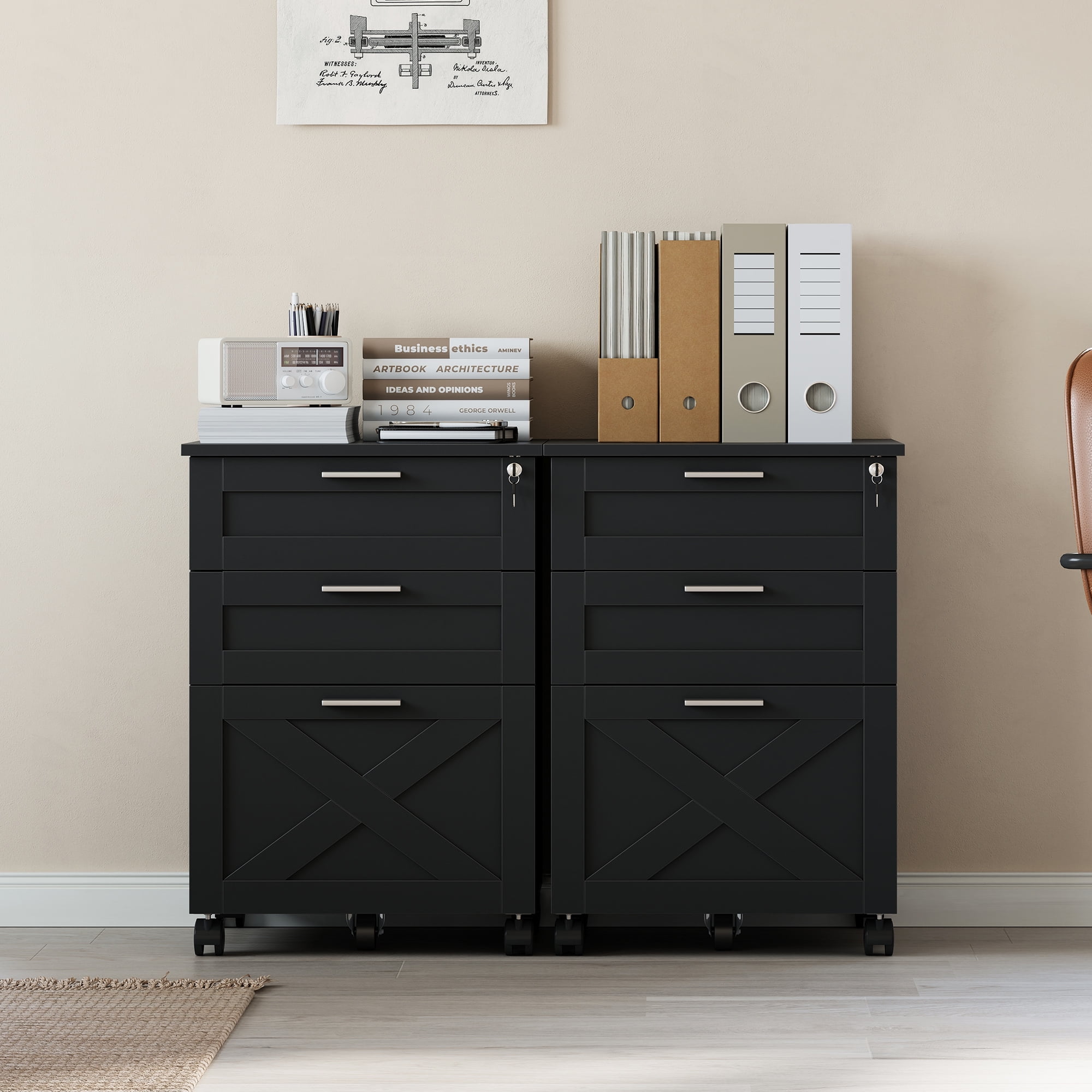 Ataucjin 3-Drawer Rolling File Cabinet with Lock,Wooden Mobile Filing Cabinet for Home Office,Under Desk Storage Organizer fits Letter/A4/Legal Size, Sturdy Printer Stand with Locking Casters