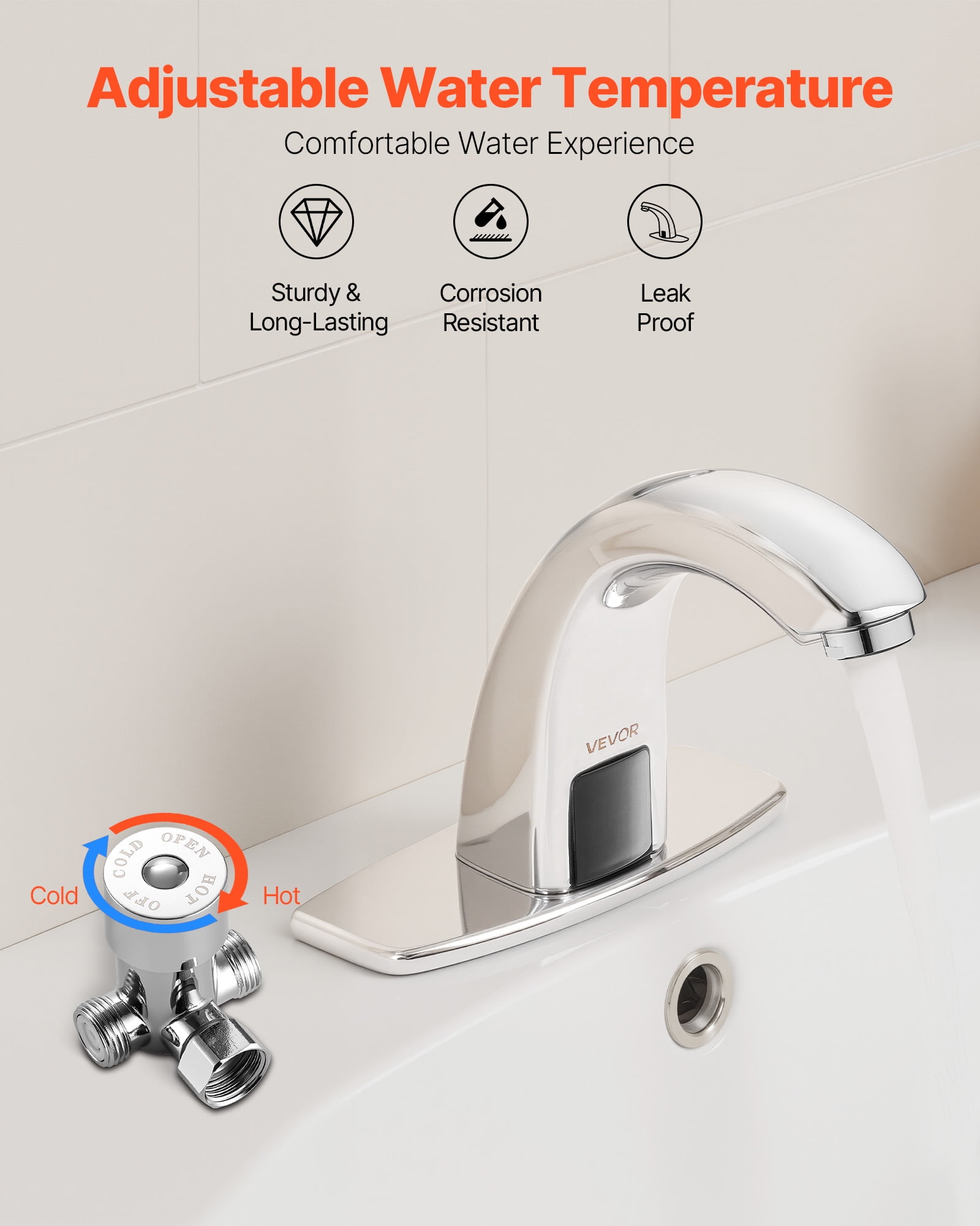 VEVOR Touchless Bathroom Sink Faucet, Automatic Motion Sensor Restroom Toilet Faucet with Hole Cover Plate, Battery Operated,Adjustable Temp for 9/16 in Pipe Commercial Lavatory,Chrome Plated Silver