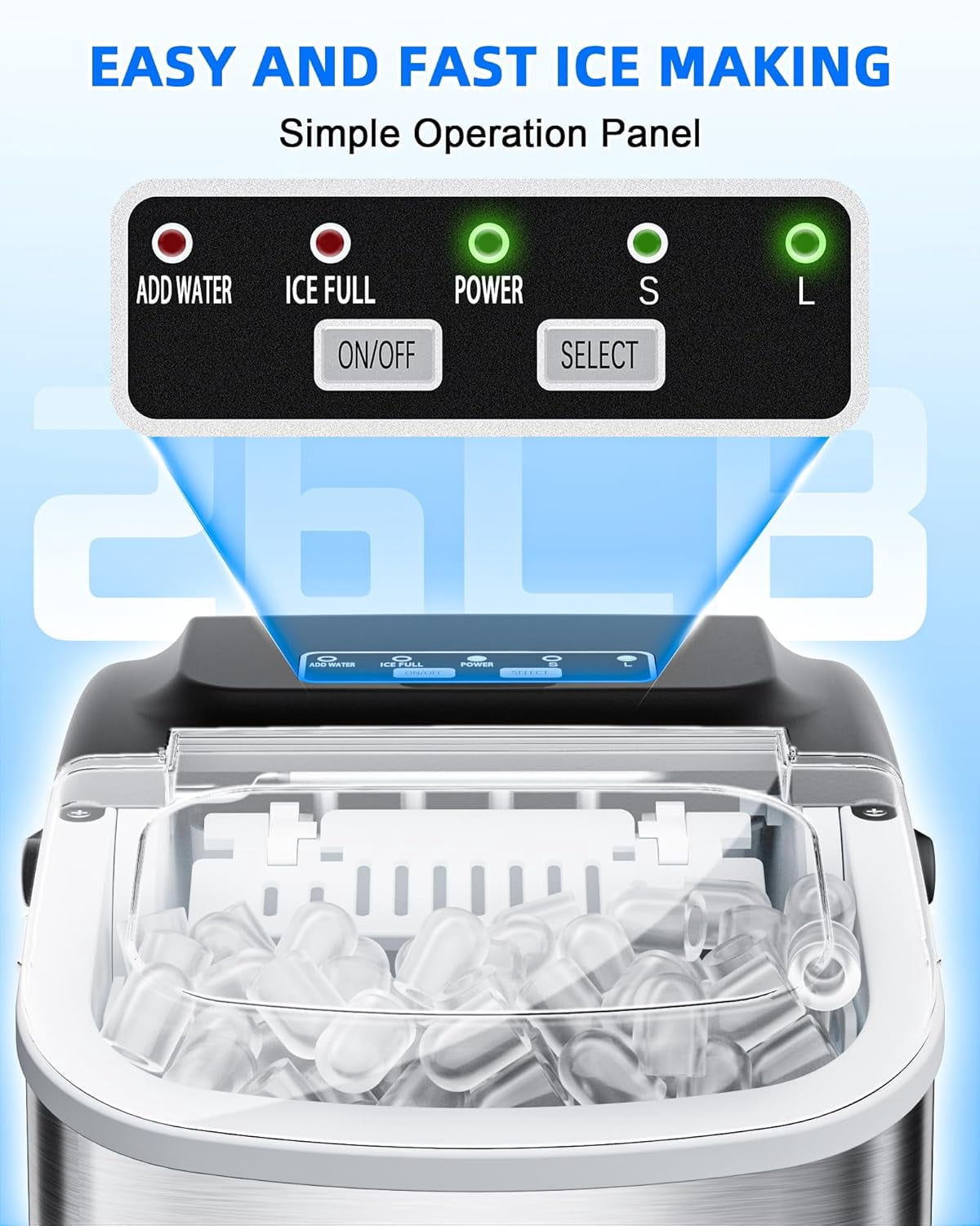 Portable Countertop Ice Maker  26lbs/24H, Quiet -Cleaning Cubes in 9PCS/7Min with Scoop for  Party