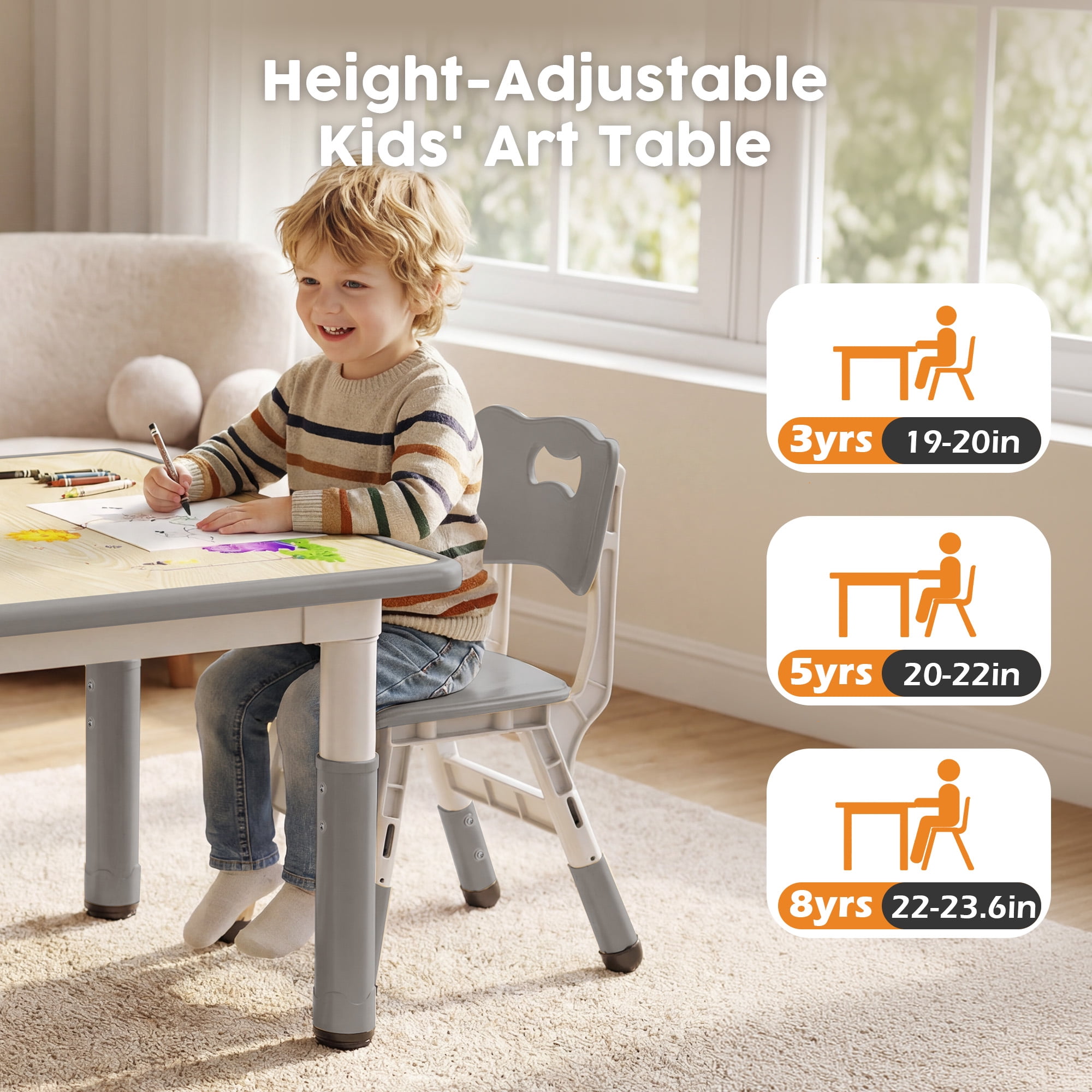 LINLUX Kids Table and 2 Chairs Set, Height Adjustable Table & Chairs, Activity Table for Toddlers, Basic Gray
