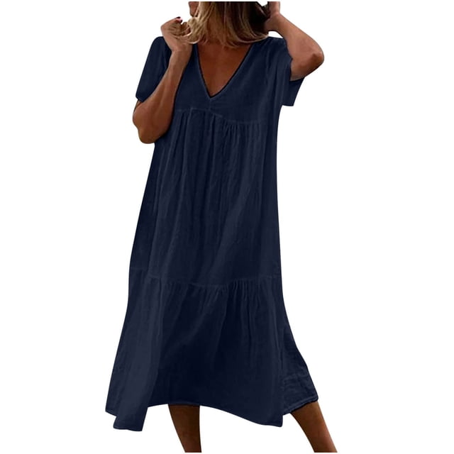Kcodviy Robe Femme Décontractée Unie à Manches Courtes Robe de Plage Couleur Manches Courtes V Grande Taille Robes pour Femmes Col Couture Robe Ample