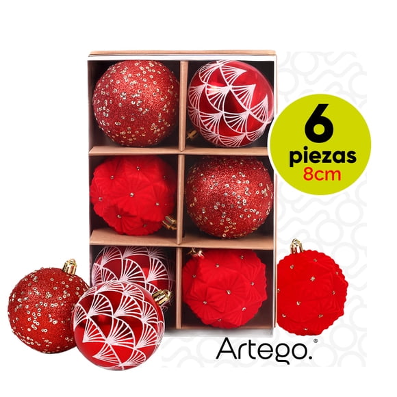 Esferas para árbol de navidad Artego de 8 cm de diámetro paq 6 esferas Rojo Heart * Línea Handmade Acabado soft con 3 estilos diversos, para colgar Christmas ornaments