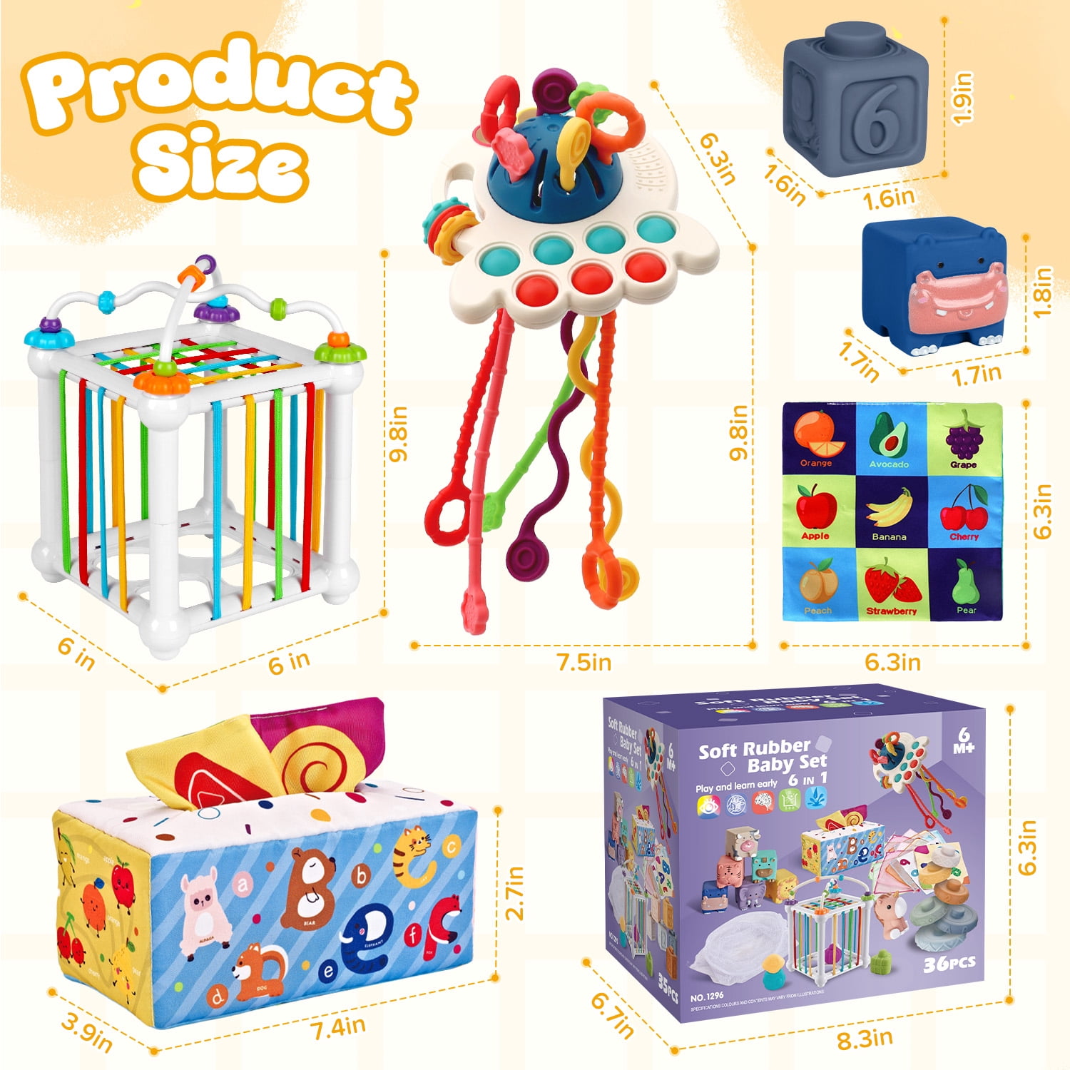 Flooyes 6-IN-1 Montessori Toys, Soft Rubber Set Play and Learn Early Box Toys For Kids Boys Girls 6 Months+