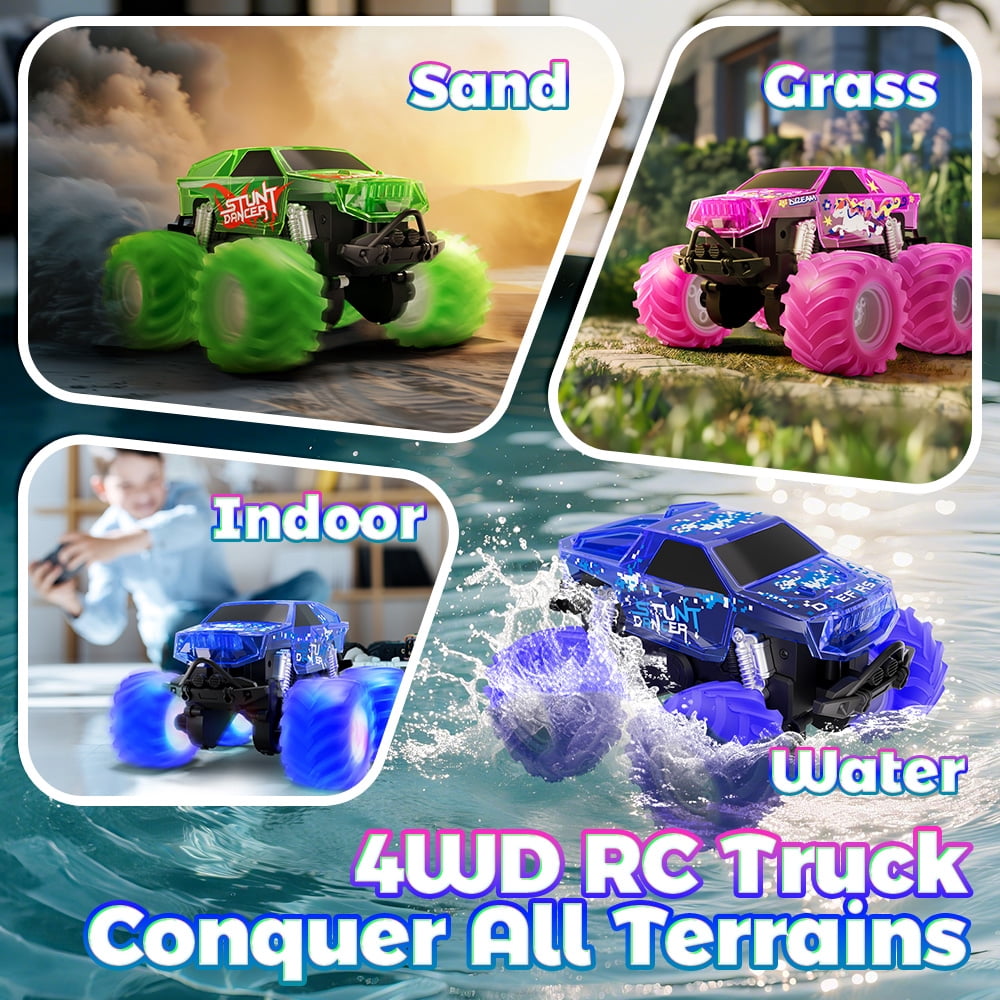 Drefirsa Amphibious Remote Control Monster Truck, Remote Control Car with Colorful Light  and Stunt