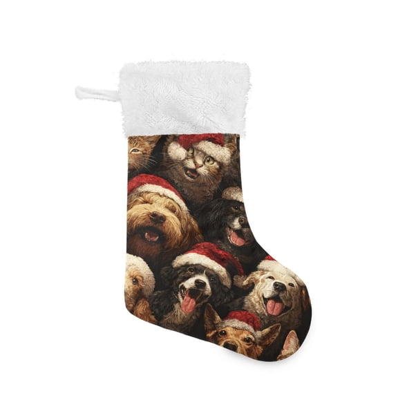 Christmas Stocking with Hanging Loop for Family Holiday Ornament Cats and Dogs in Santa Claus Hats