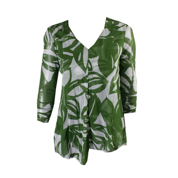 Alfani Green Ruched-Sleeve Flat Floral Ruffled Mesh Top XS