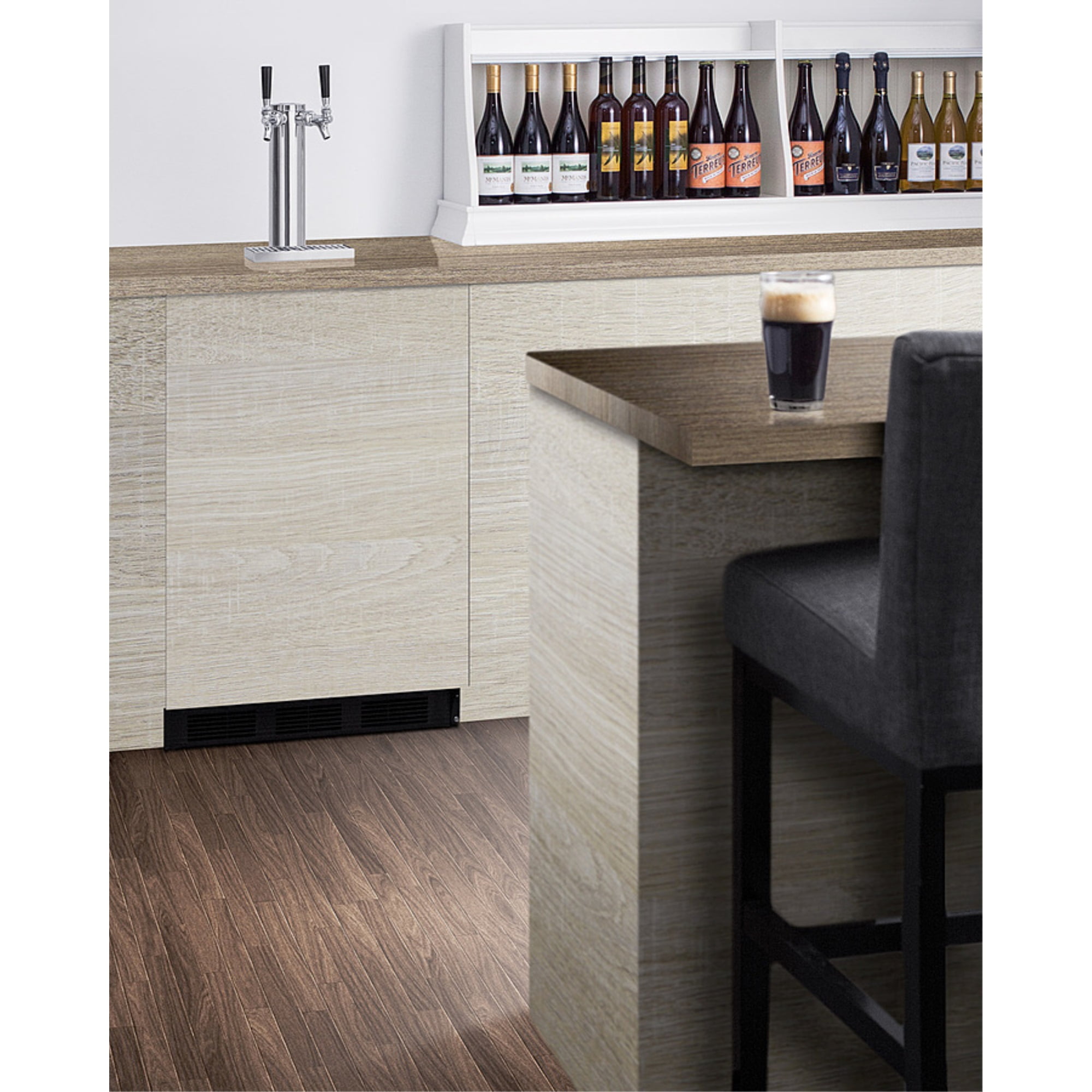 Built-in kegerator for use under ADA compliant counters with dual tap kit for two 1/6 kegs and panel-ready door