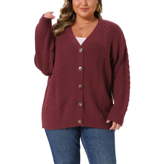 Agnes Orinda Women's Plus Size Sweaters Cardigan Cable Knit Button Down V Neck Long Sleeve Casual Cardigans 1X Burgundy
