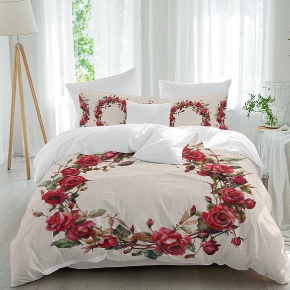 Rose Wreaths 4 piece Duvet Cover Set, Comfort Bedding Set Twin Size Include a Duvet Cover, a Bed Sheet, 2 Pillowcase with Zipper for All Season