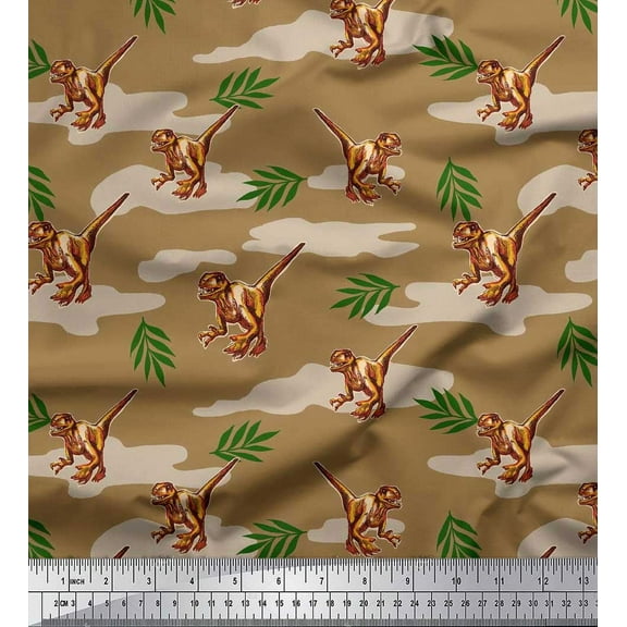 Soimoi Crepe Silk Fabric Leaves & Dinosaur Jungle Print Sewing Fabric Yard 42 Inch Wide