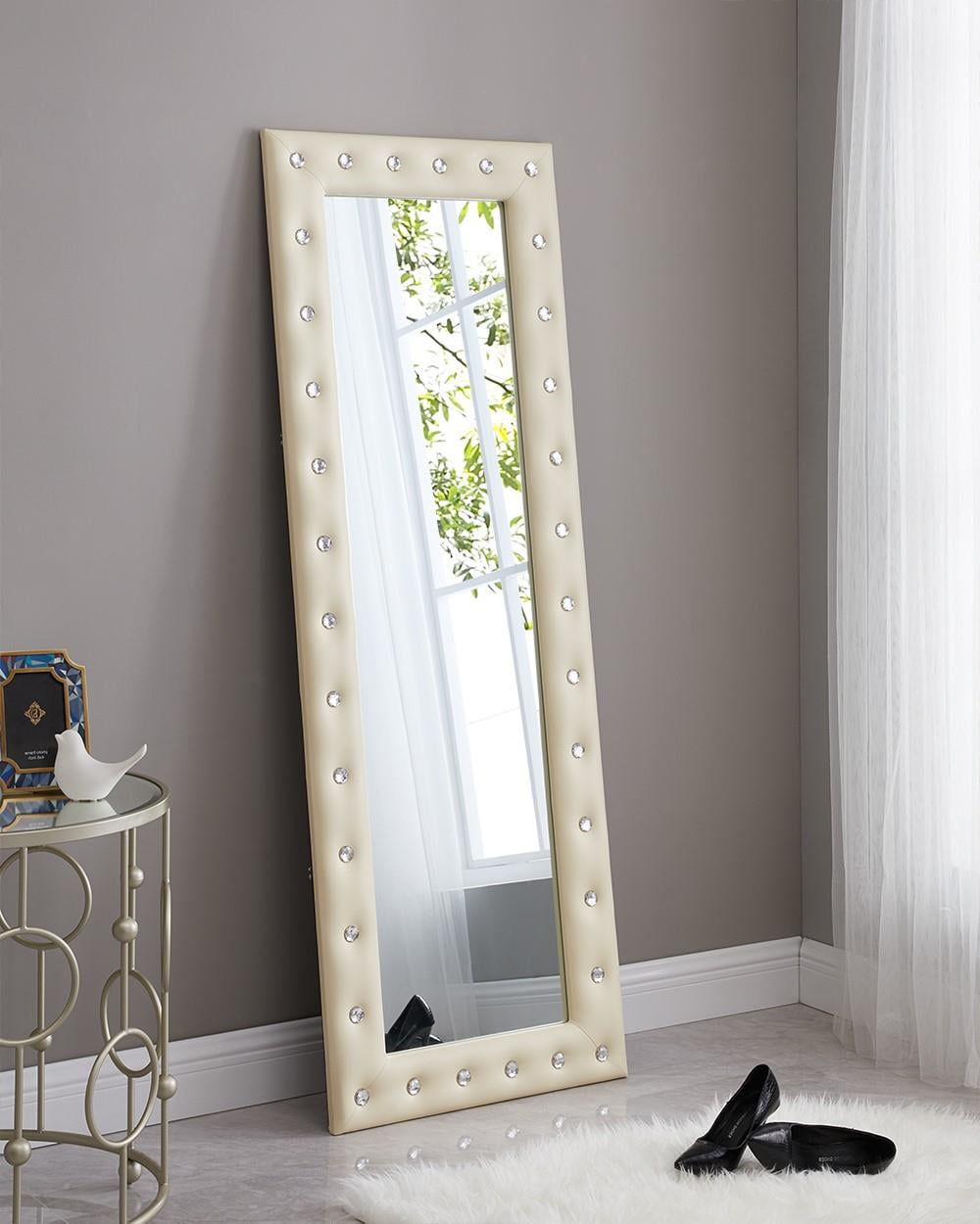 Crystal Tufted Floor Mirror Beige 63" x 22" by Naomi Home