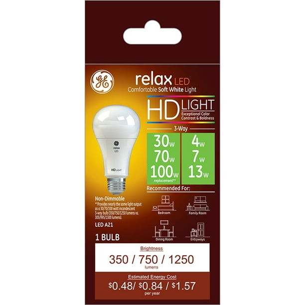 GE Relax LED Light Bulb, Soft White, 3Way 30/70/100 Watt Replacement