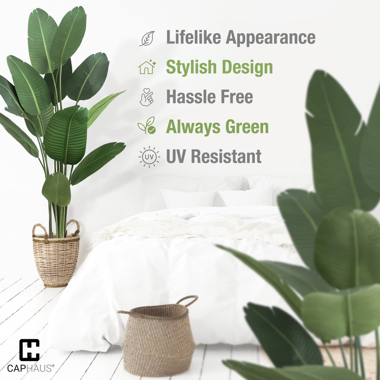 CAPHAUS Artificial Bird of Paradise, Fake Palm Tree Potted Plant, Faux Banana Leaf Tree Plant in Pot with Dried Moss for Office, Indoor, Outdoor, 4 Feet, 48 Inch with 8 Trunks