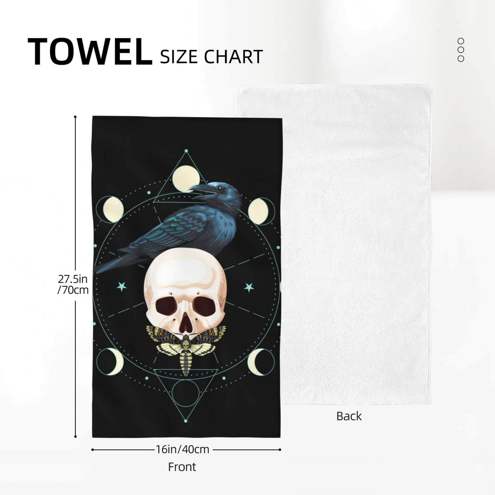 Black Raven Skull Moth Moon 27.5" x 16" Ultra Soft Hand Towel, Face Wash Cloth for Bathroom, Gym, Travel, Pool
