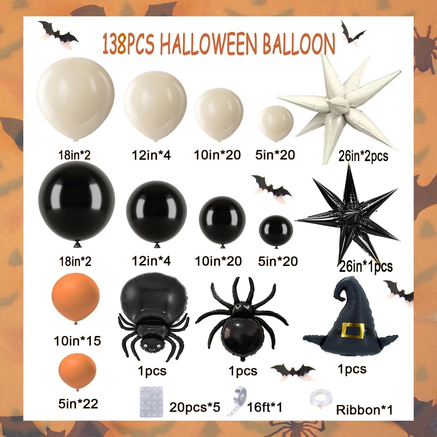 Halloween Balloon Garland Arch Kit with KKS1&nbsp;Spider Witch Hat Shaped Black and Milk White Exploding Star Foil Balloon Black Orange Sand White Balloons for Halloween Birthday Party Decorations