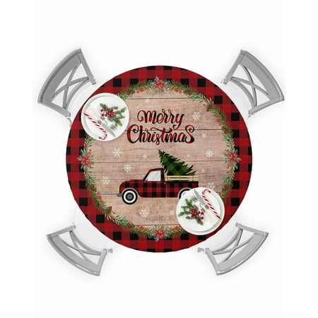 

Round Tablecloth with Elastic Red Christmas Plaid Wreath Snowflake Xmas Tree Truck Printing Waterproof Table Cover Wipeable Fitted Table Cloths for 55 -60 Round Tables Dining Kitchen