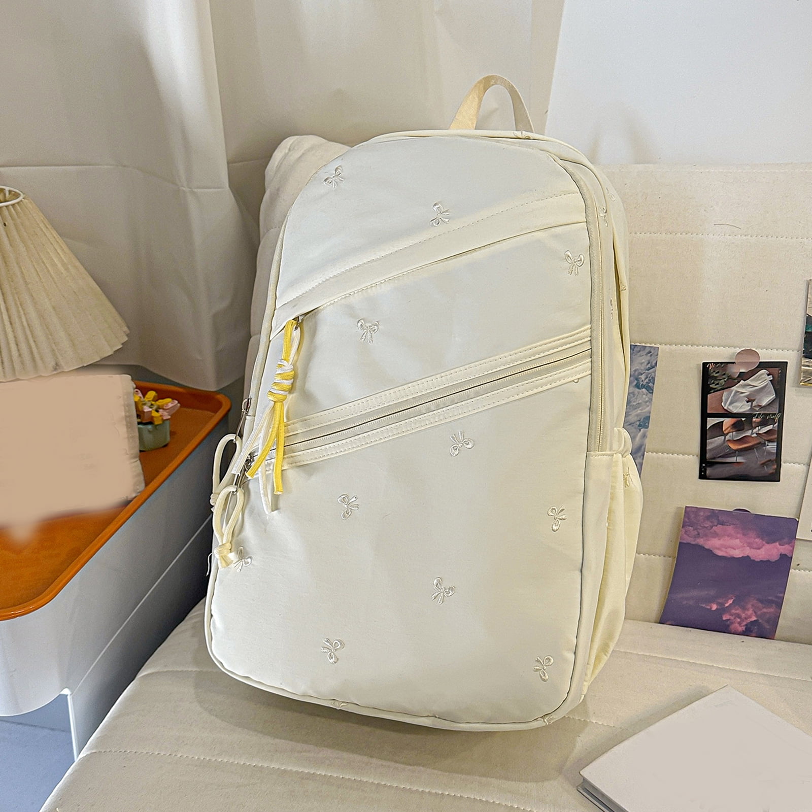 HUISZJ Floral Print School Backpack, Large Capacity Schoolbag with Pendant, Nylon School Backpack for Travel Work Shopping, White
