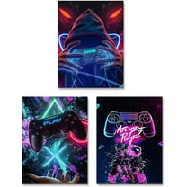Neon Gaming Art Posters, 12"x16" Video Game Canvas Wall Art, Gamepad Playstation Controller Decorative Interior Painting Wall Art Posters for Teenage Boys Room Playroom Decor, (Set of 3-Unframed)