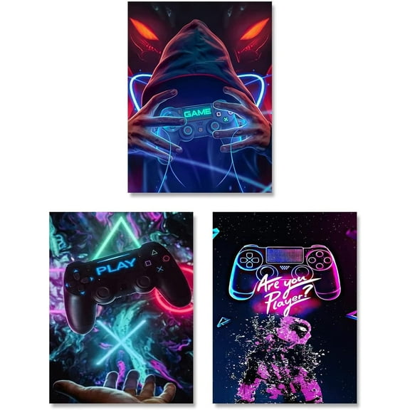 Neon Gaming Art Posters, 12"x16" Video Game Canvas Wall Art, Gamepad Playstation Controller Decorative Interior Painting Wall Art Posters for Teenage Boys Room Playroom Decor, (Set of 3-Unframed)