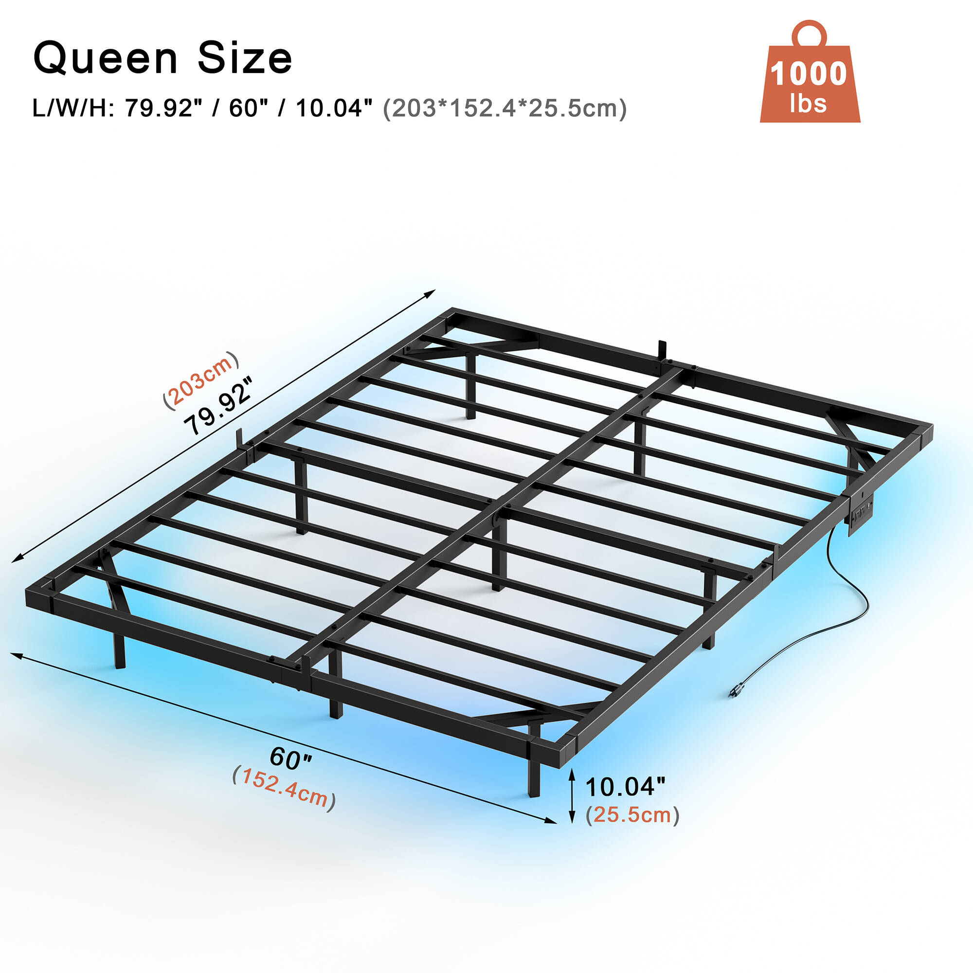 KOUSEI Floating Bed Frame Queen Size Metal Platform Bed with LED Lights & Charging Station Modern Bed No Box Spring Required，Black
