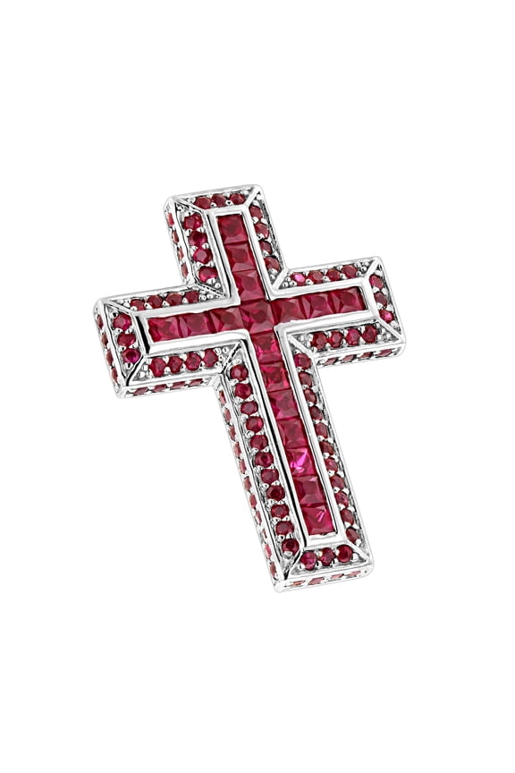 14K Gold Natural 2.8 Ctw Princess Cut Ruby Cross Pendant (White Gold)