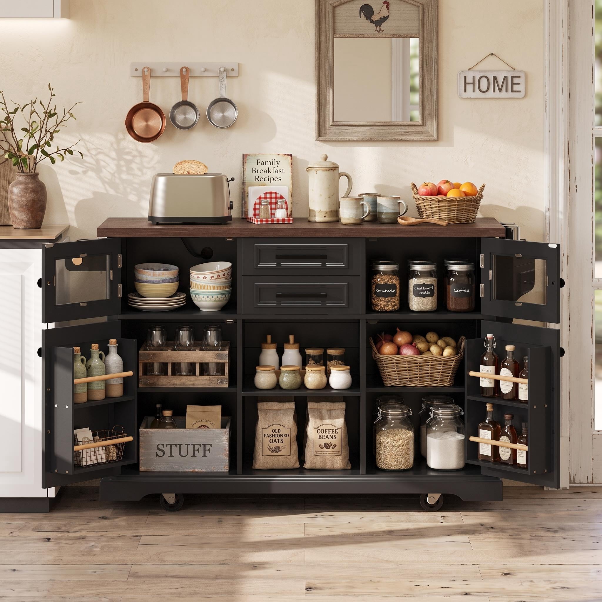 Homy Casa 54.9" Rolling Kitchen Island Carts with Drop Leaf, Storage Cabinet, Drawers and Shelves, Black