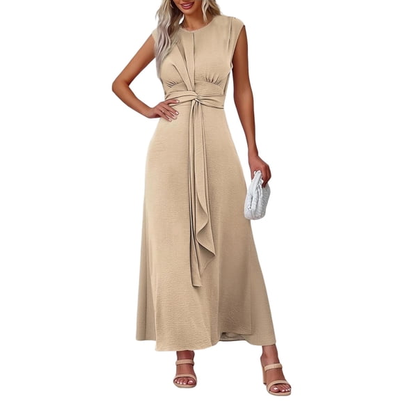 LWavelet Women's Sleeveless Twist Front Tie Waist Textured Maxi Dress for Formal & Evening Wear Beige M