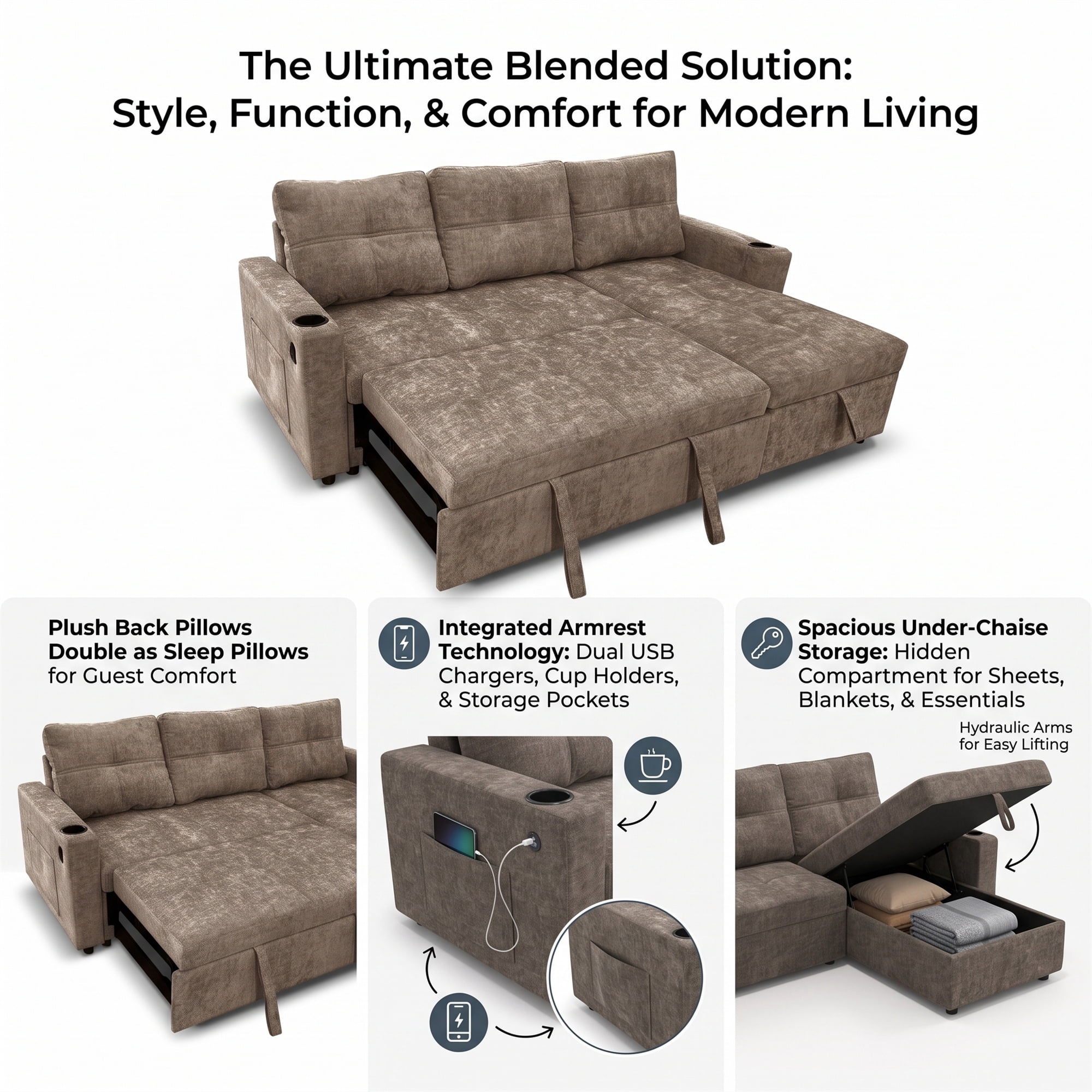 Modern Contemporary Convertible Chaise Sectional with Hidden Storage & Sleeper, Dark Grey