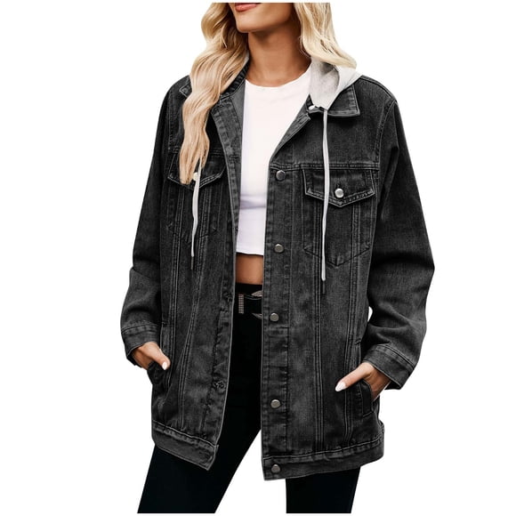 Huvoen Hooded Jean Jacket Women Oversized Casual Distressed Denim Jackets Buttons Down Long Sleeve Shirt Coat with Pockets Black m