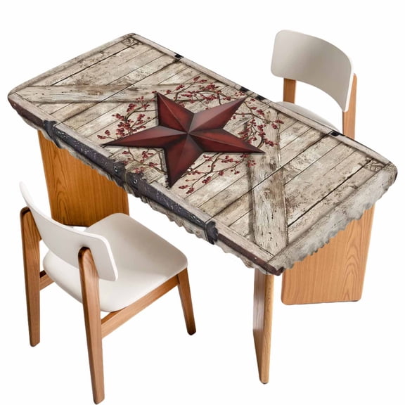 Texas Star Retro Table Cloths for 4 Foot Rectangle Tables, Red Wooden Berry Vintage Patio Waterproof Elastic Fitted Tablecloths, Washable Rectangular Table Cover for Camping
