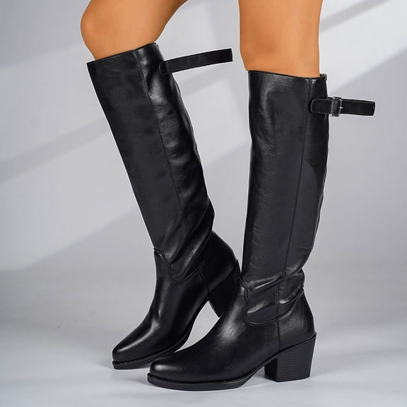 Viluyesy Womens Knee High Boots Chunky Block Heel Buckle Strap Faux Leather Comfortable Walking Shoes Black Size 6