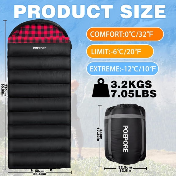 Flannel Sleeping Bag - 0 Degree Cold Weather for Adults XXL with Compression Sack