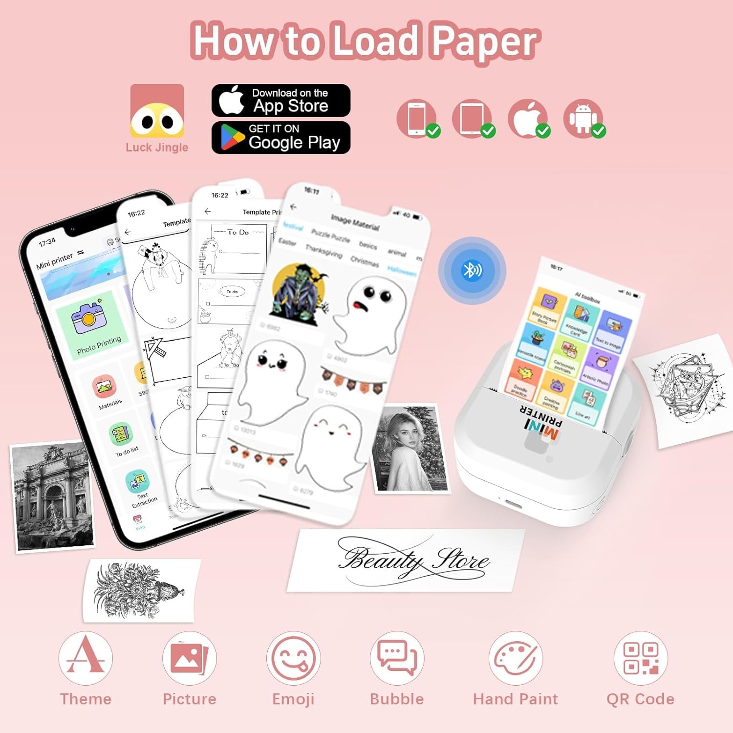Sticker Printer - Bluetooth Inkless Printer&Sticker Maker with 13 Rolls Paper,Wireless Thermal Printer for iPhone/Android,Compact Print Pod for Notes,Journals,DIY,Kids Crafts&Unique Gift