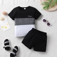 thumbnail image 2 of WUANDIXFA Toddler Kid Boy Clothes Colorblock Letter Graphic Tee Shorts 2PC Summer Outfit Set (Black, 3-4 Years), 2 of 7