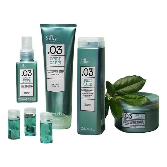 Silky .03 Deli Hair Care Set for All Hairs - 4-In-1 Kit with Hair Growth Oil, Hydrating Hair Balm & Shampoo for Stronger Strands - Hair Serum Boosts Shine & Smoothness After Every Wash