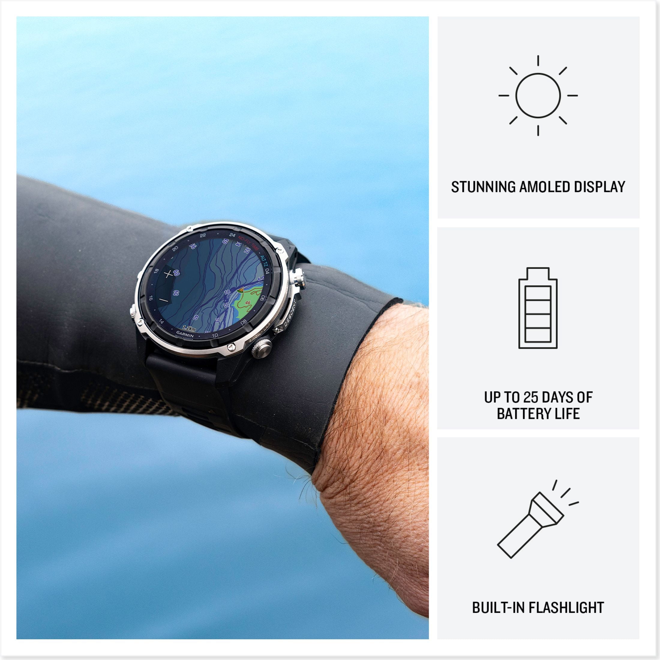 Garmin Descent™ Mk3i – 51 mm Silver and Black PVD Titanium with Black/Pebble Gray Silicone Band