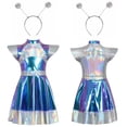 thumbnail image 2 of QQAMB Alien Costume for Girls Shiny Metallic Cap Sleeve Pleated Casual Dress Theme Party Fancy Dress, 2 of 6