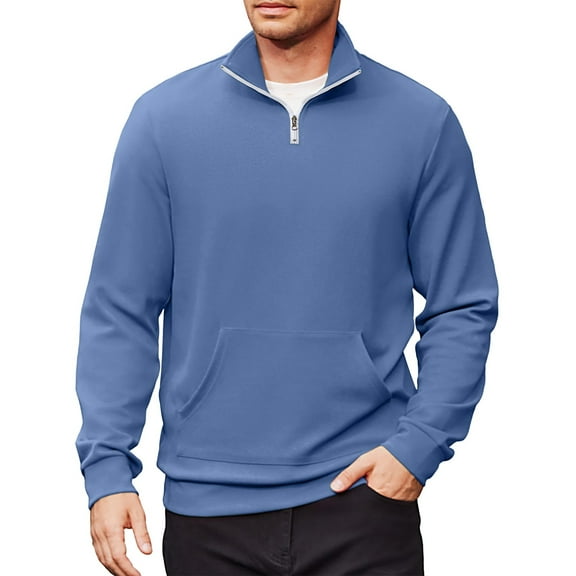 Domuza Men's Quarter Zip Up Pullover Long Sleeve Stand Collar Casual Sweatshirt Fall Lightweight Loose Fit Quilted Solid Polo Sweater with Pocket Blue XXL