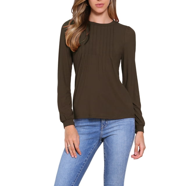 INSPIRE CHIC Camisetas de manga larga para mujer Otoño Invierno con cuello redondo plisado, camiseta básica ajustada XS Marrón oscuro