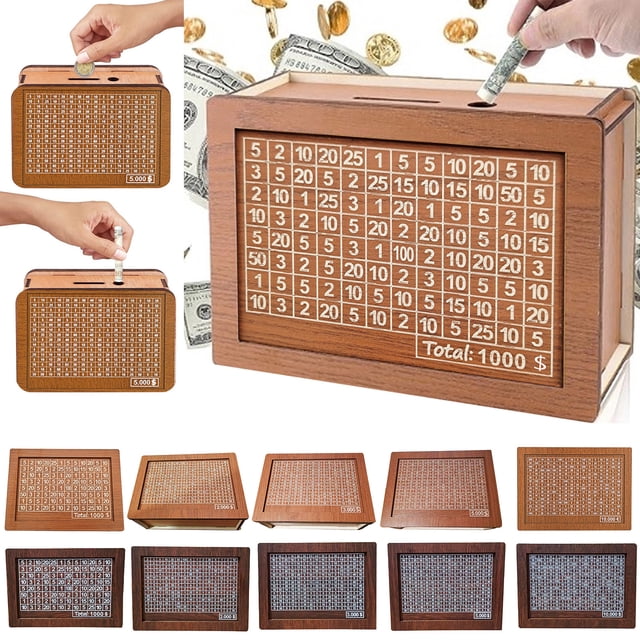 Trayknick Wooden Money Box Money Counter Piggy Bank with Counter Marker Pen Piggy Bank with Money Target Numbers Coin Cash Container Money Saving Challenges Box Kids Adults Gift